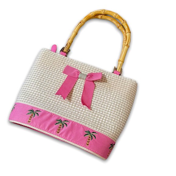 Y2K Croft & Barrow Pink Plaid Embroidered Palm Tree Bamboo Handle Purse - Picture 1 of 9